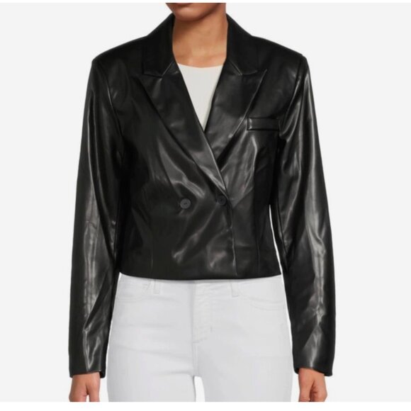 NEW AREA STARS BLACK FAUX LEATHER CROPPED LIGHTWEIGHT JACKET SIZE LARGE - Picture 1 of 14